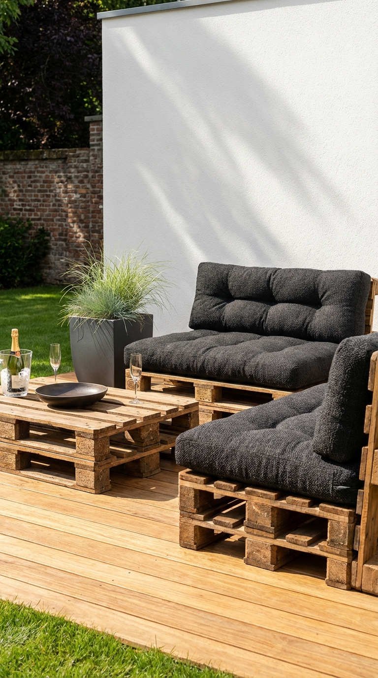 terrasse palette coussins anthracite champagne