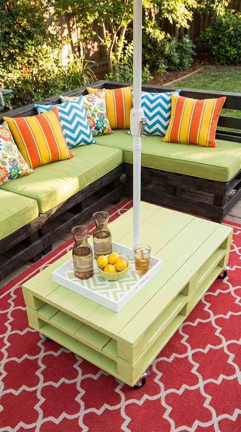 terrasse palette peinte verte coussins colores