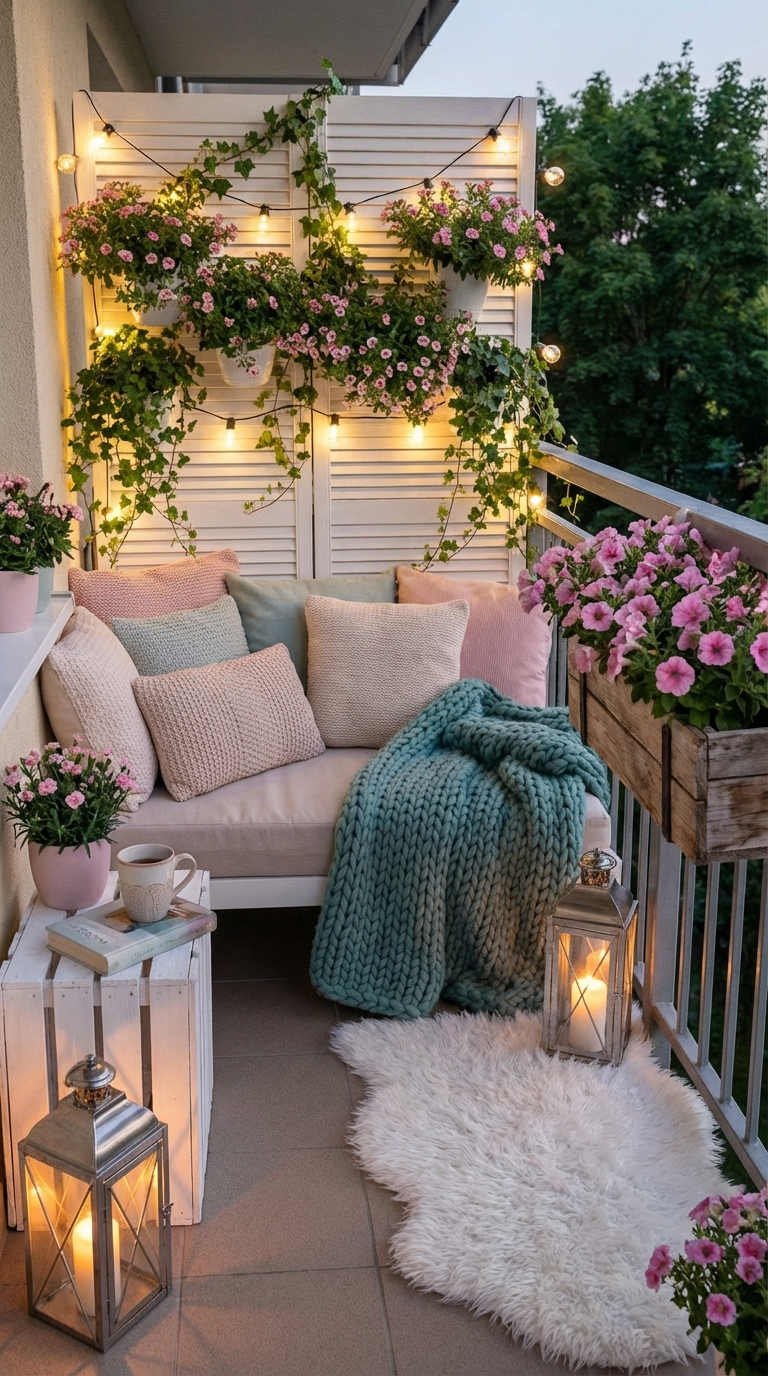 balcon canape rose guirlandes lanternes petunias