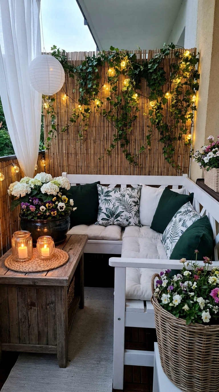 banquette blanche guirlandes plantes balcon