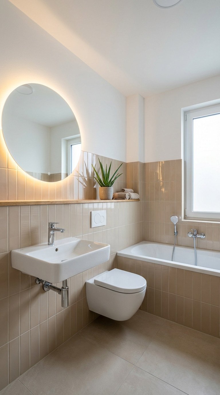 carrelage beige vertical miroir rond