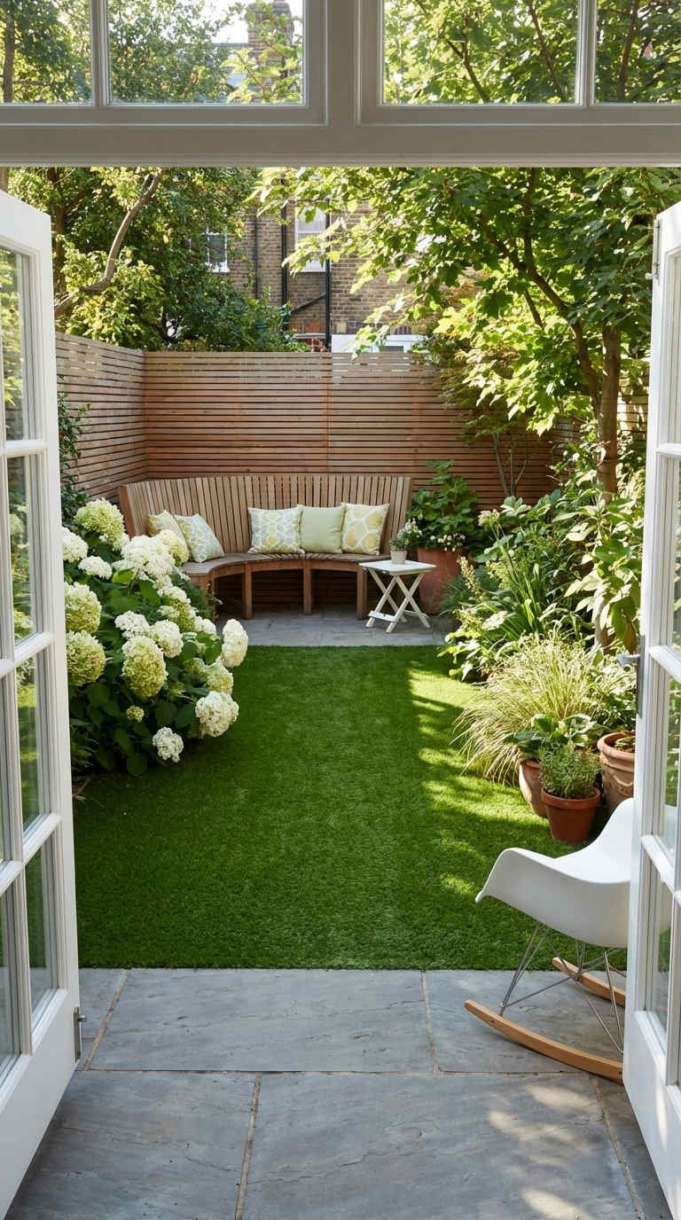 jardin banc courbe hortensias blancs gazon