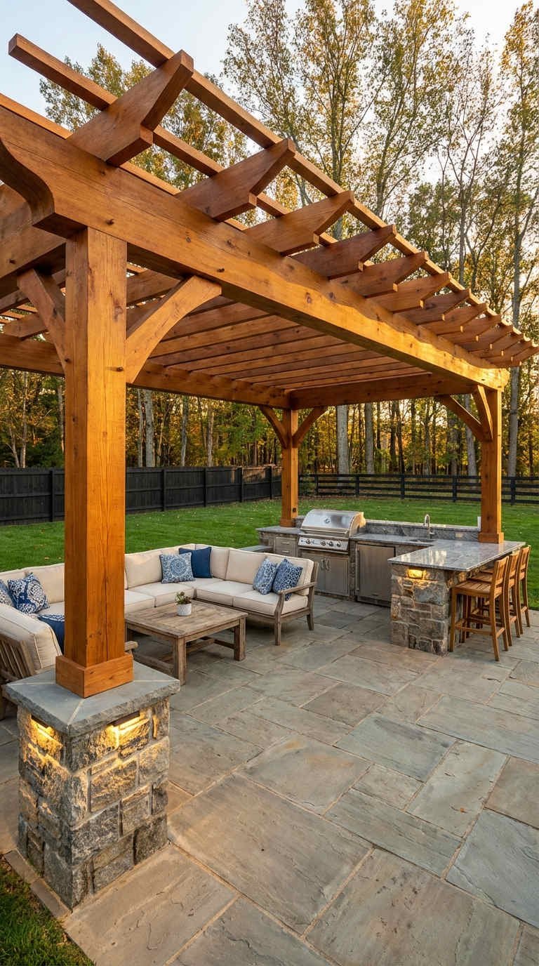 pergola bois piliers pierre cuisine