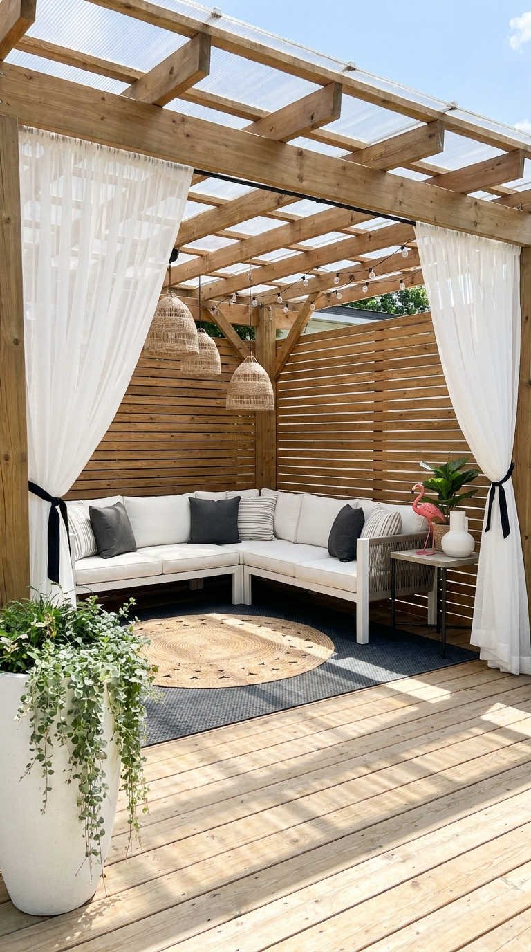 pergola bois rideaux blancs epuree