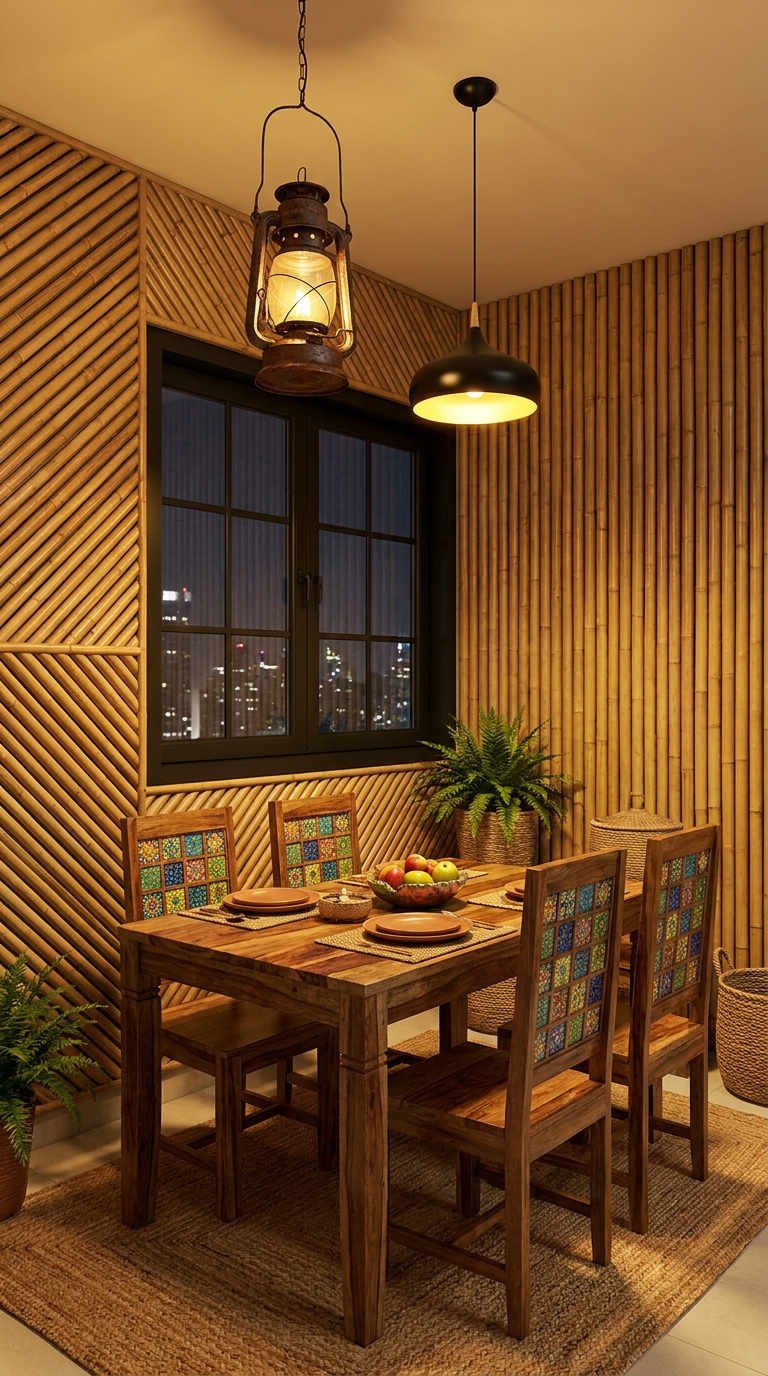 salle manger mur bambou