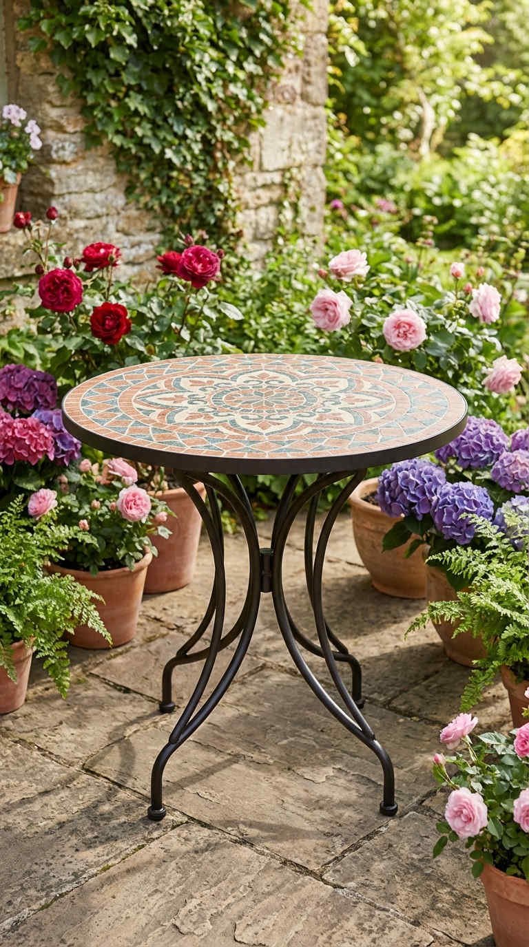 table mosaique florale terracotta roses hortensias