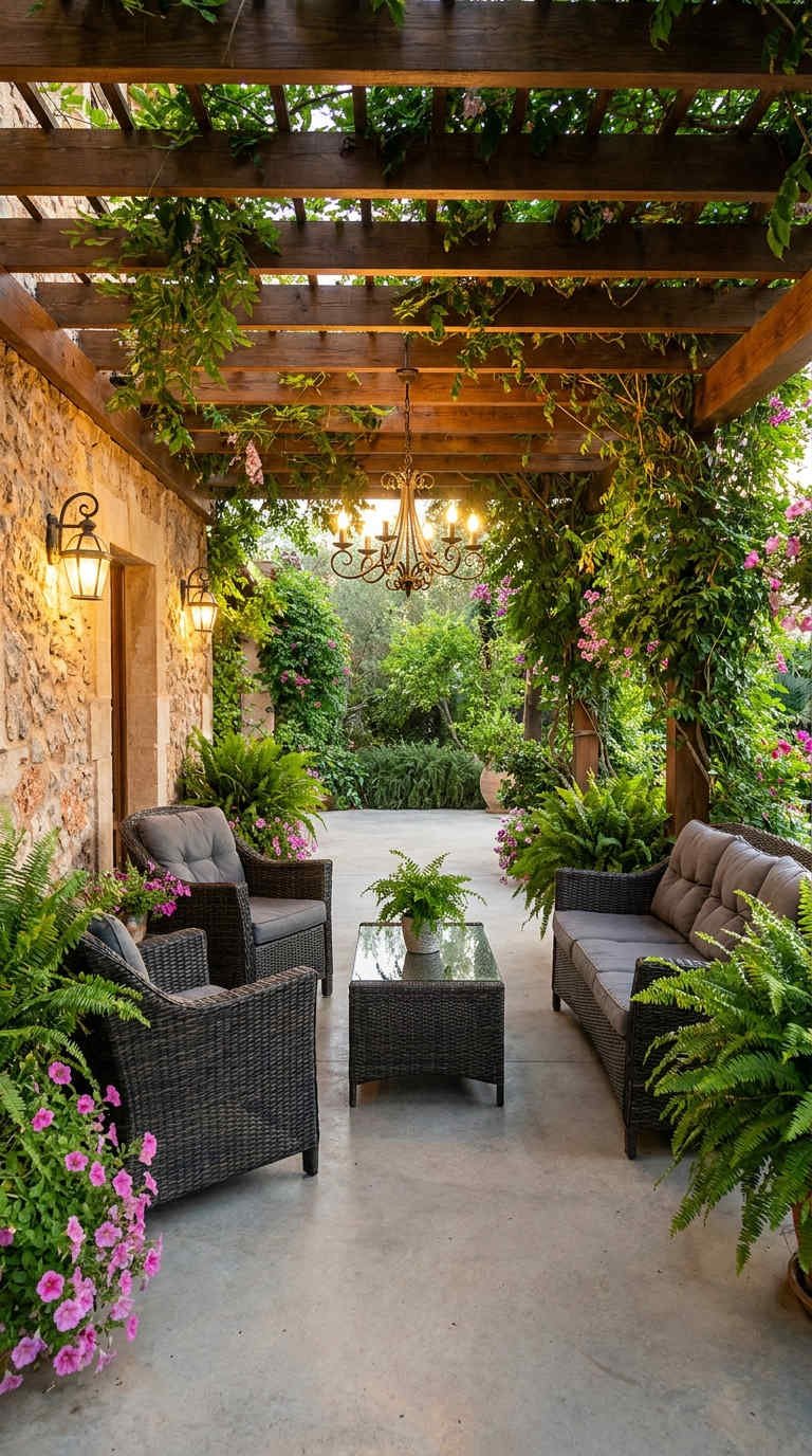 terrasse couverte pergola plantes lanternes