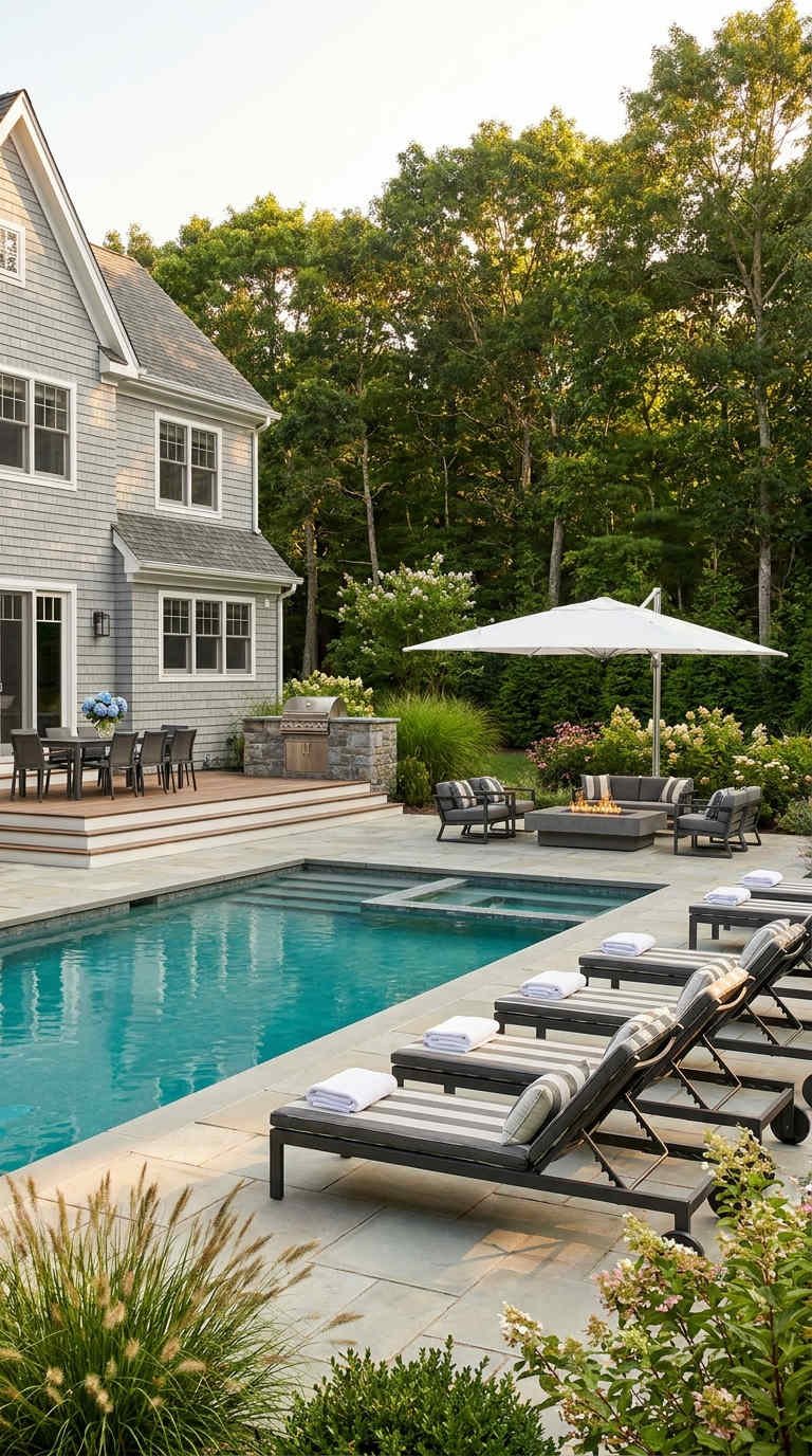 transats alignes terrasse piscine jardin