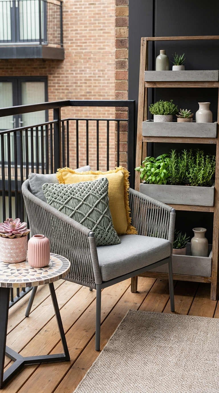 balcon fauteuil tresse echelle plantes vert sauge