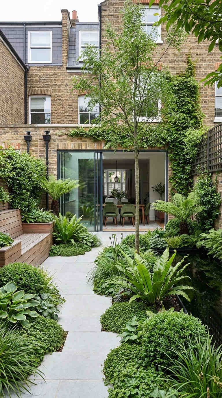 cour allée pierres terrasse bois fougeres