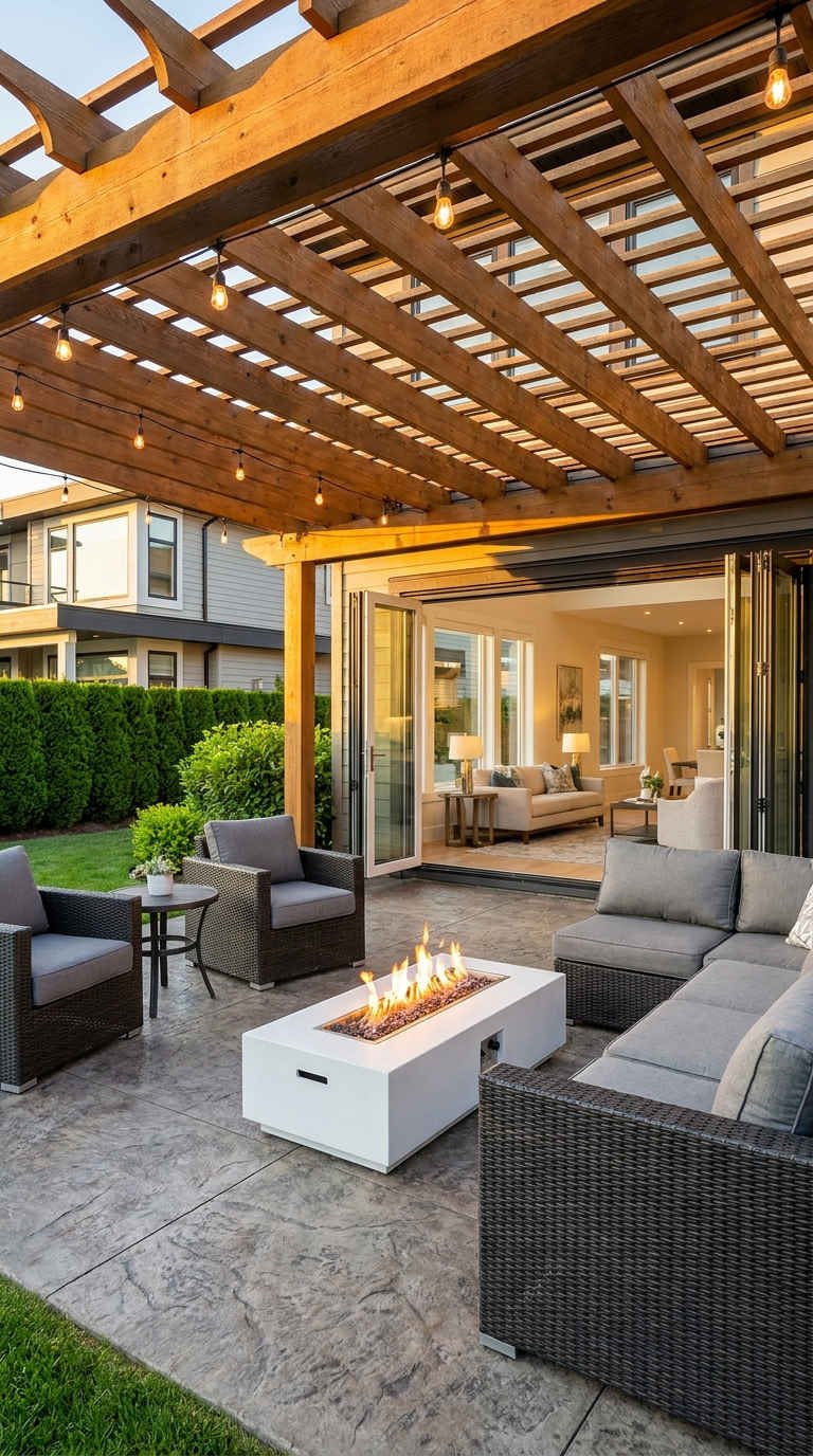 pergola bois feu lineaire salon