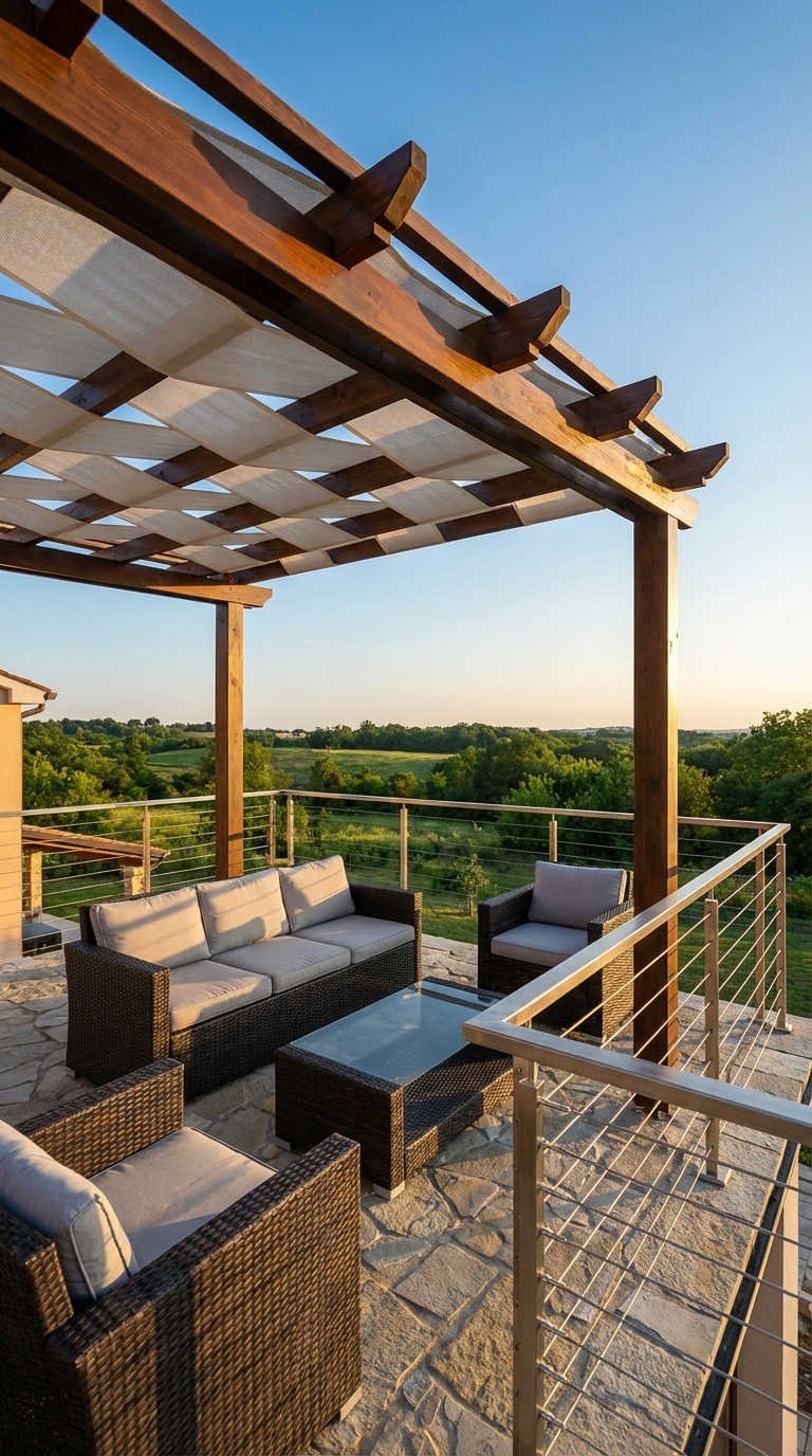 pergola bois toile creme vue campagne