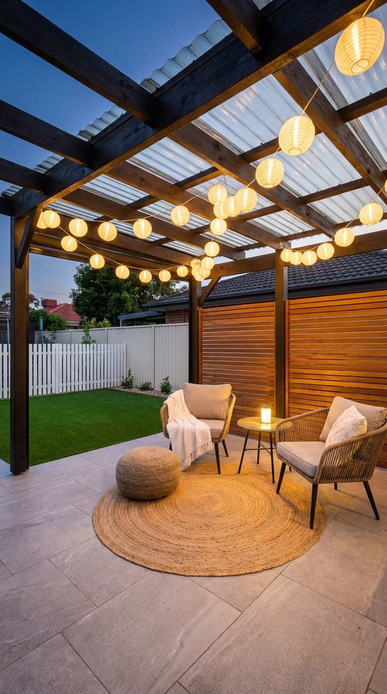 pergola lampions fauteuils tapis jute