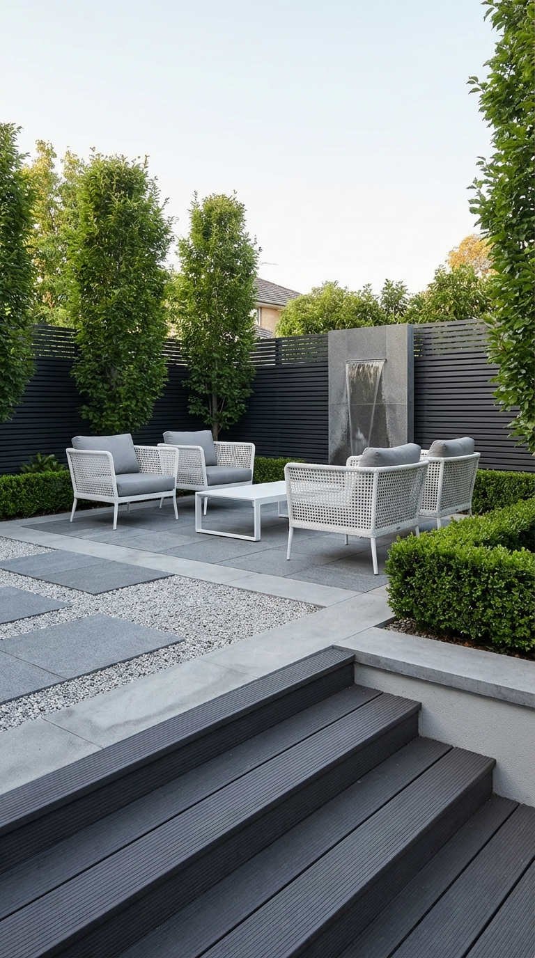 terrasse fauteuils blancs mur eau