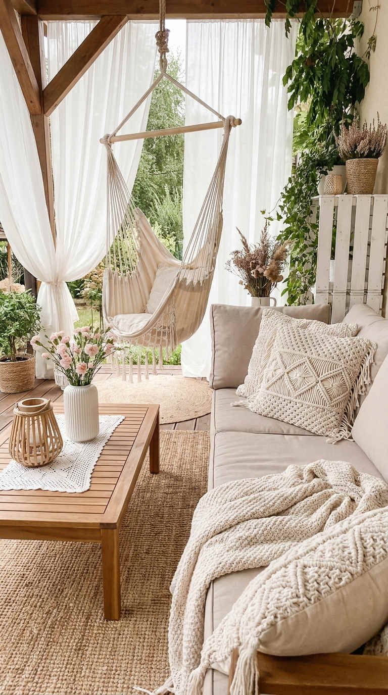 terrasse lin fauteuil suspendu rideaux