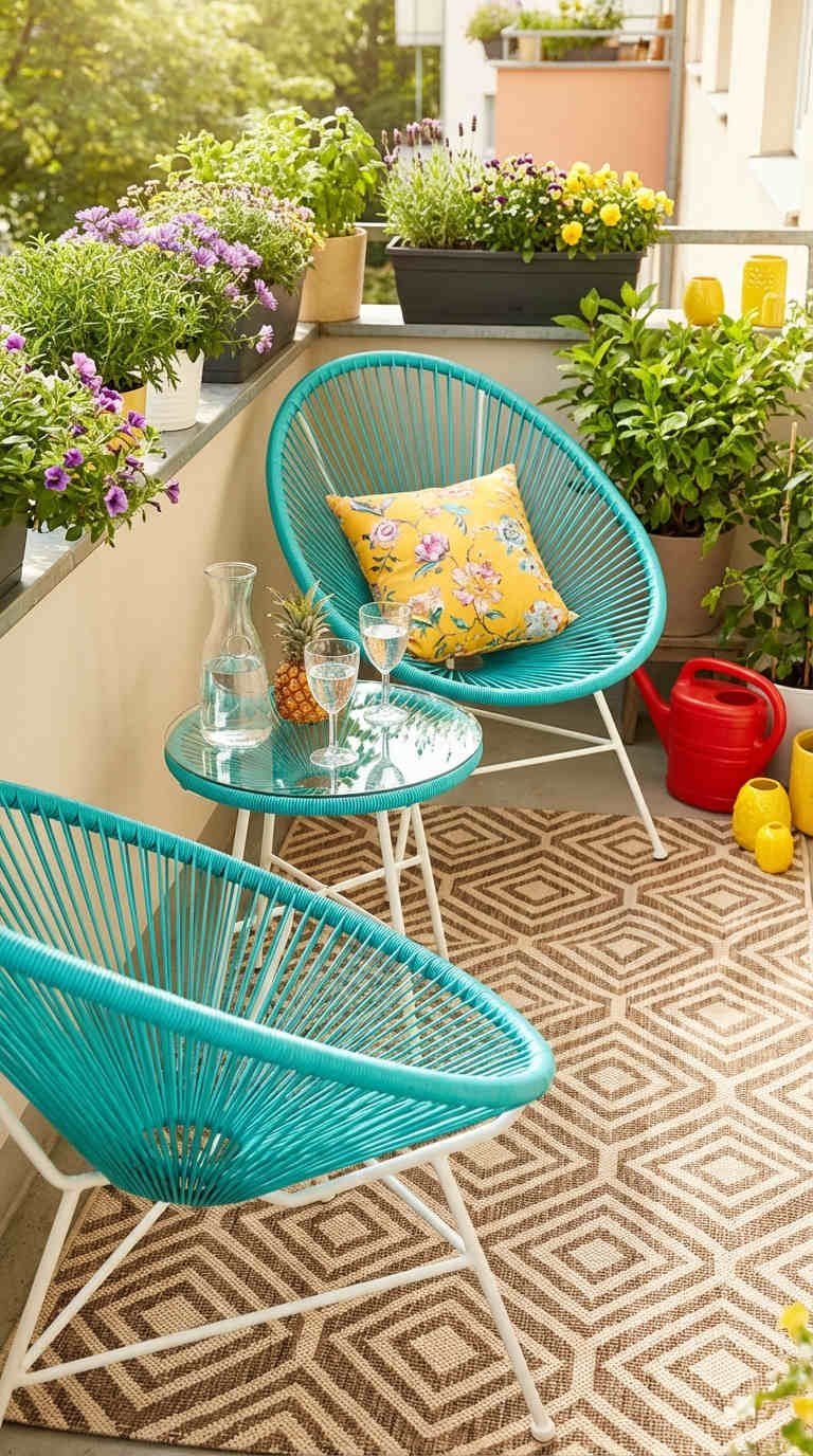 balcon fauteuils acapulco ananas plantes rug geometrique