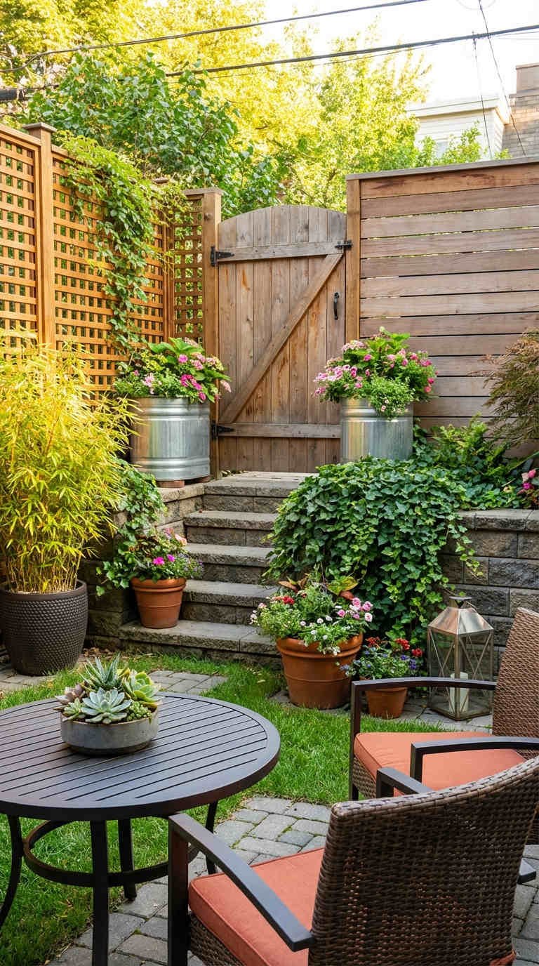 entree jardin portail bois hortensias coussins orange