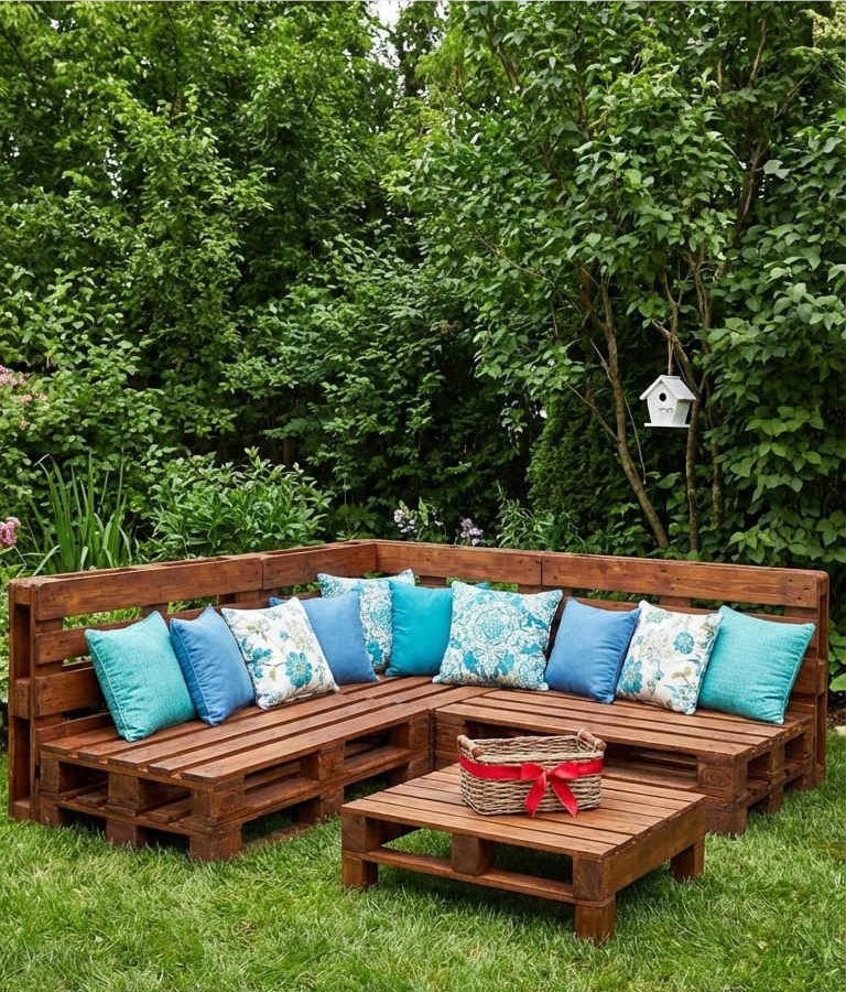 jardin palette brun coussins turquoise gazon