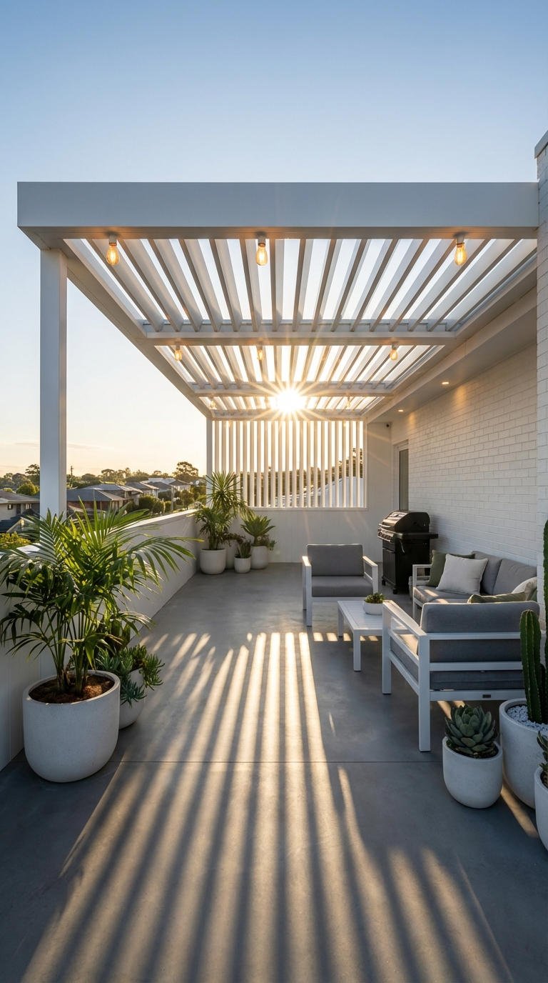pergola blanche toit terrasse palmiers