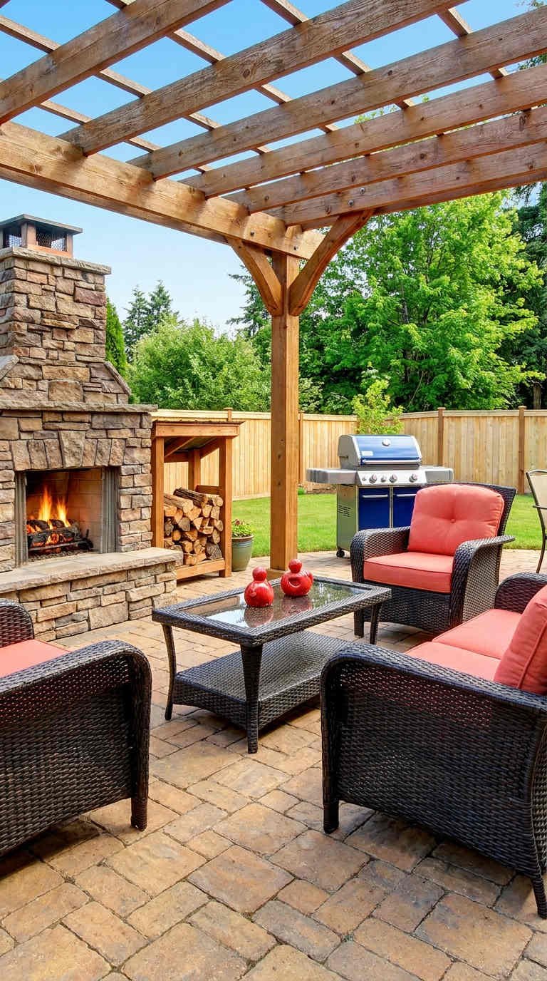 pergola bois cheminee pierre fauteuils