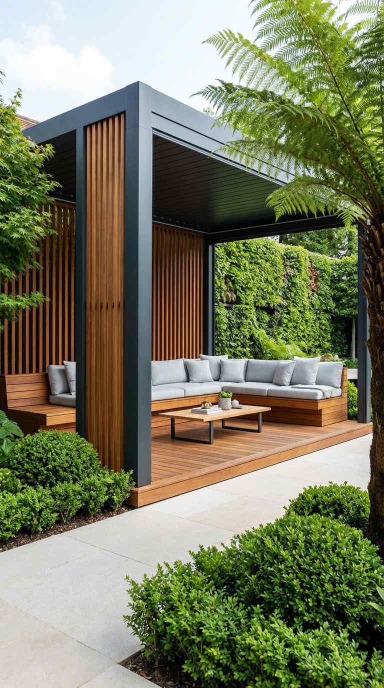 pergola lattes bois banquette fougere