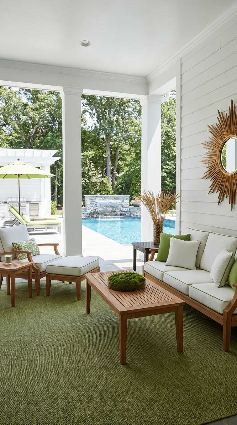 salon ouvert porche piscine claire