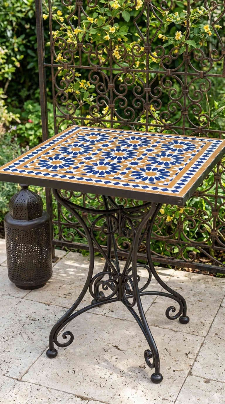 table mosaique carree lanterne patio treillage