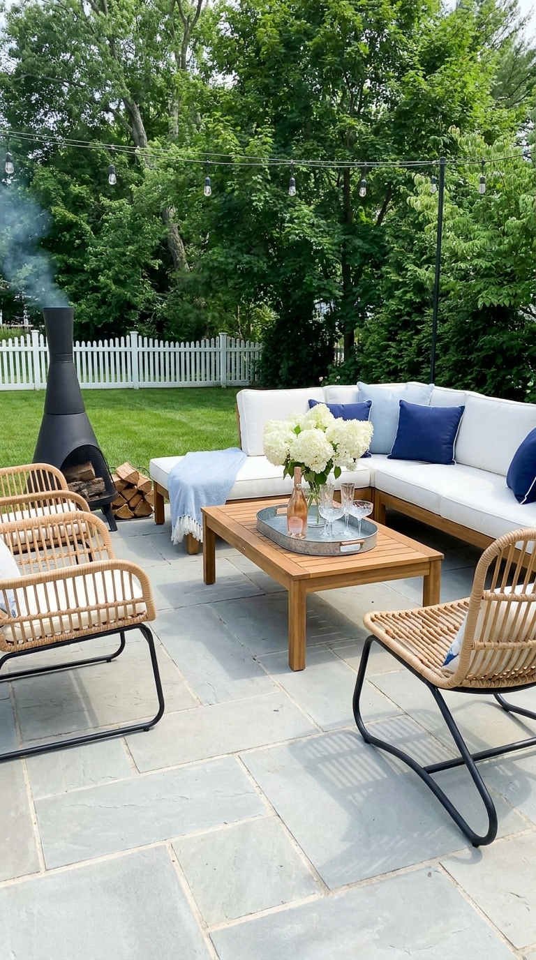 terrasse jardin coussins bleus cheminee