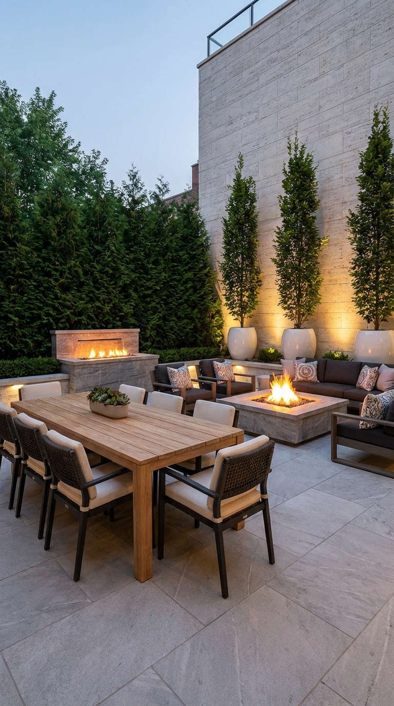 terrasse mur travertin coniferes lumieres