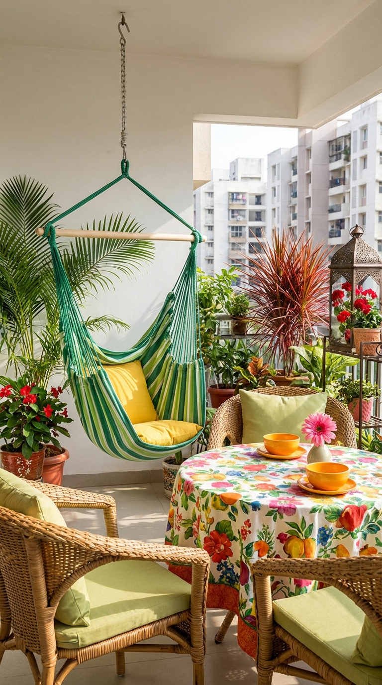 balcon hamac raye table fleurie plantes tropicales