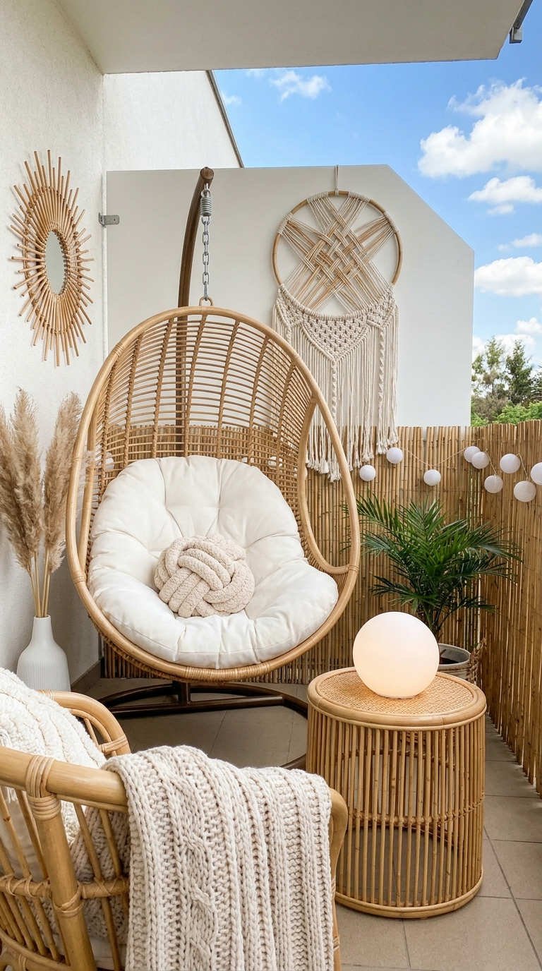 fauteuil oeuf rotin guirlande balcon