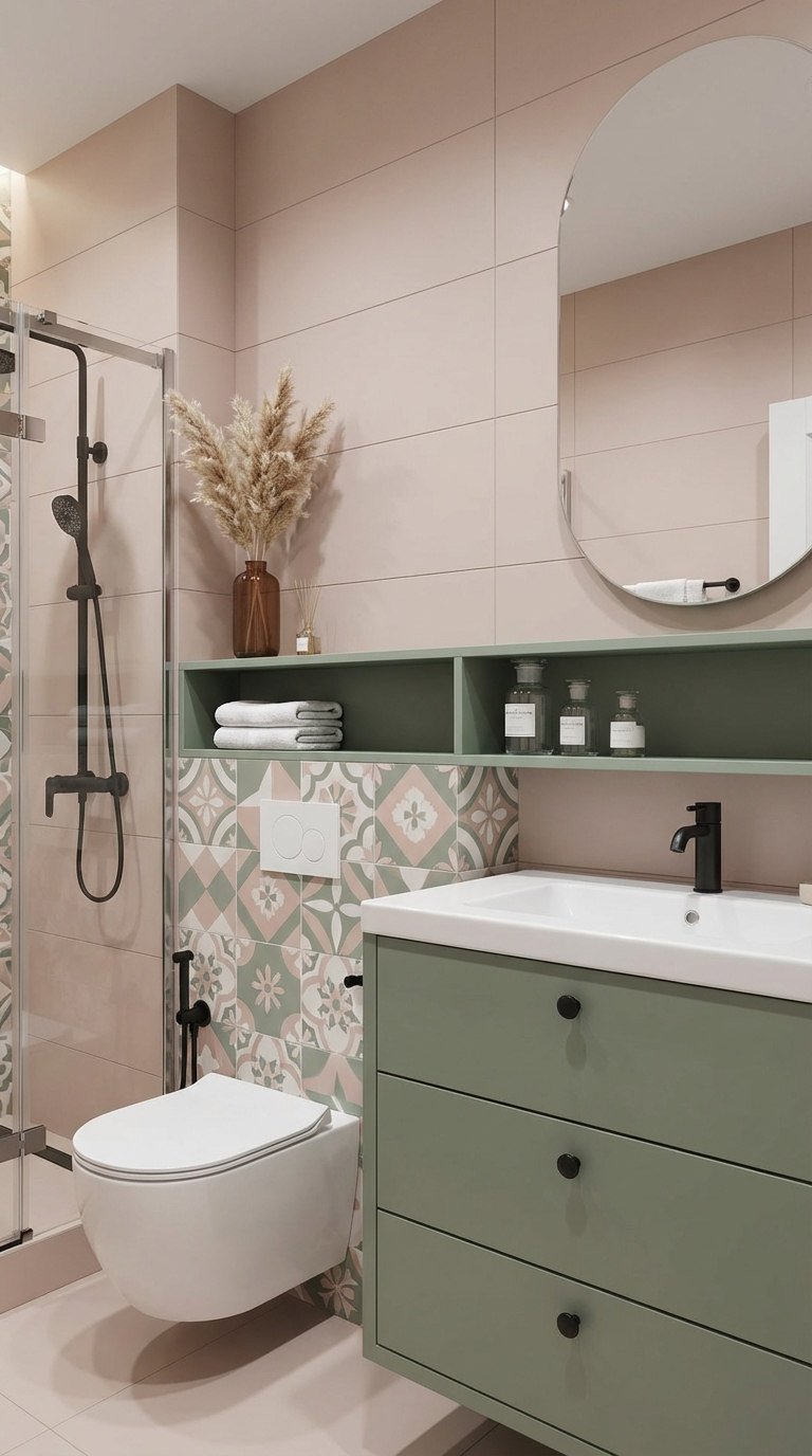 meuble vert sauge carrelage rose