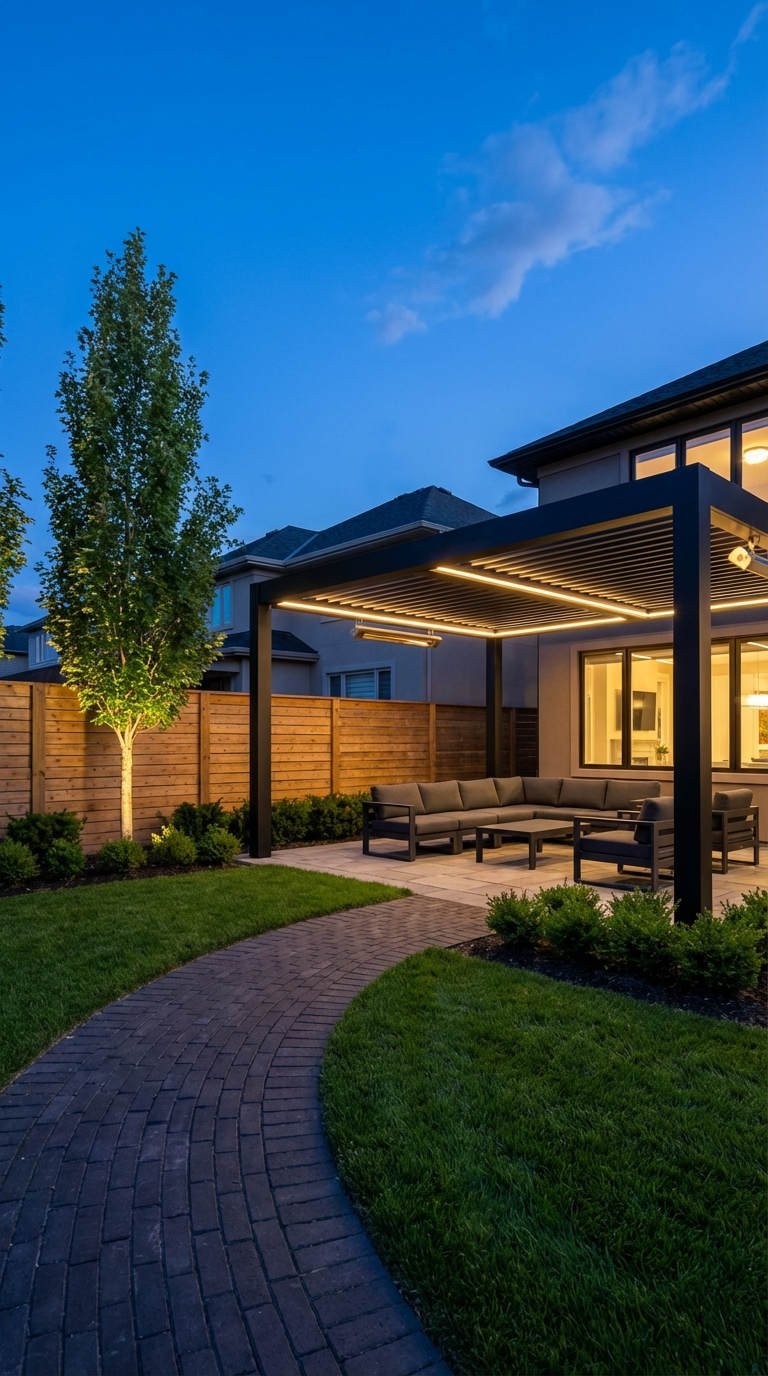 pergola noire chemin briques eclairage