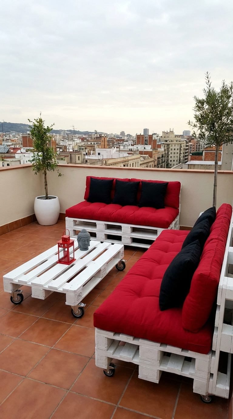 rooftop palette blanche coussins rouge noir