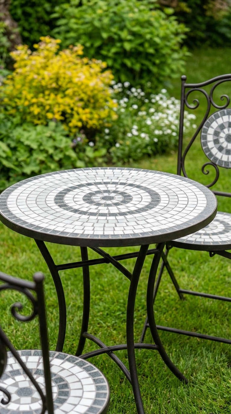 table mosaique noir blanc chaises gazon