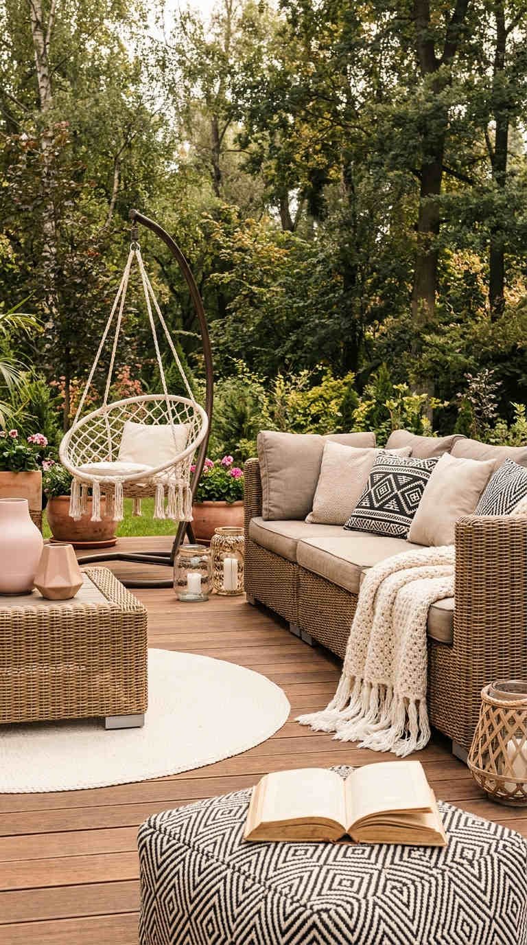 terrasse boheme fauteuil suspendu rotin