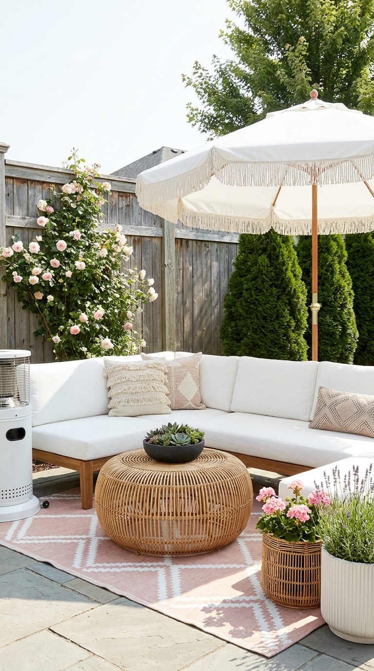 terrasse rose poudre rotin parasol