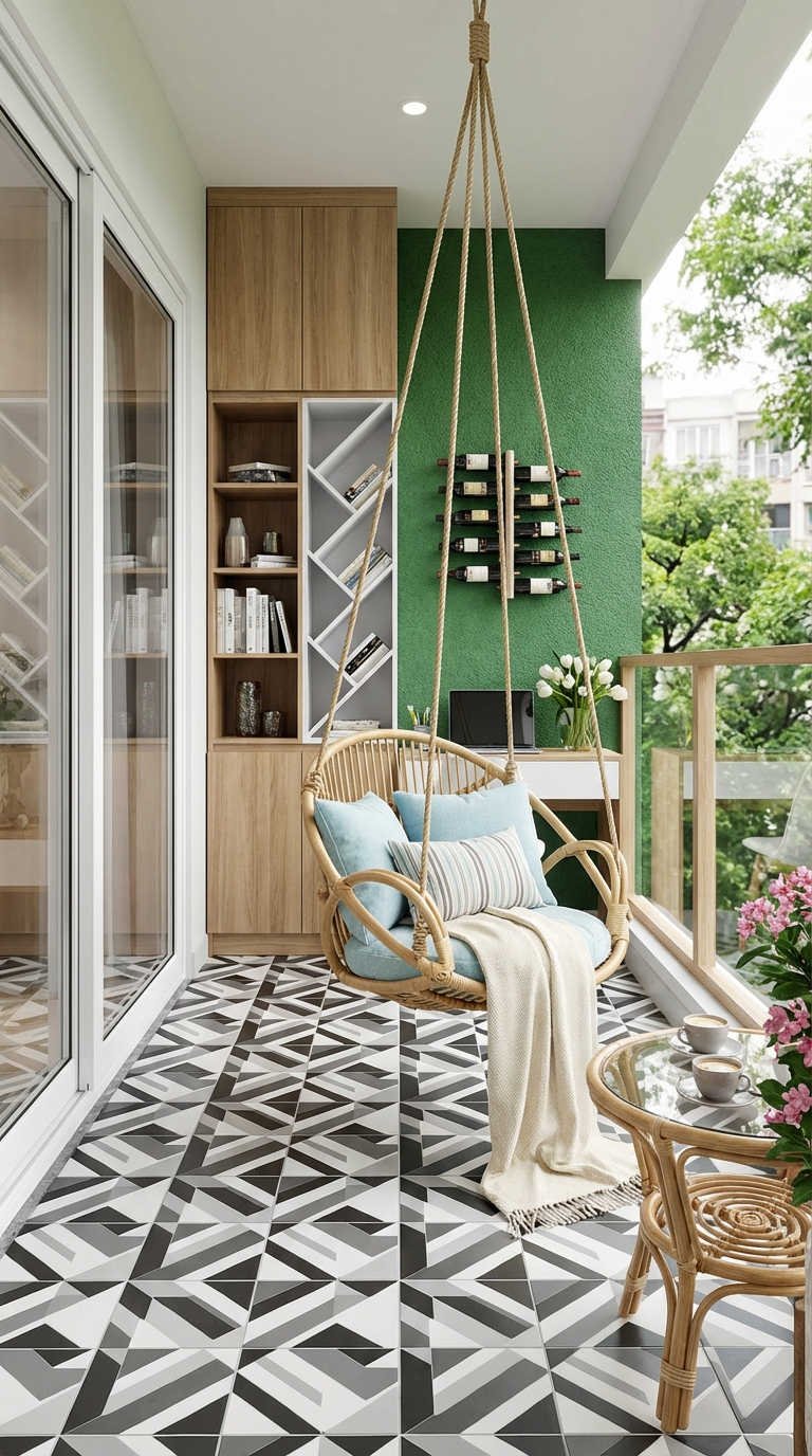 balcon fauteuil suspendu bureau rangement mur vert