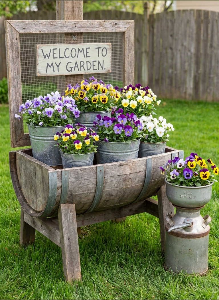 brouette bois accueil pensees