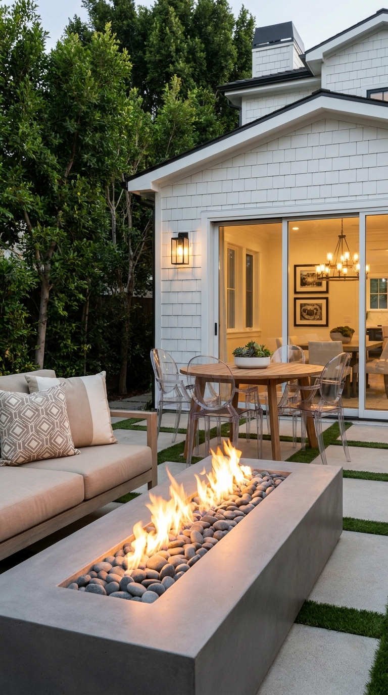 cour moderne foyer lineaire repas