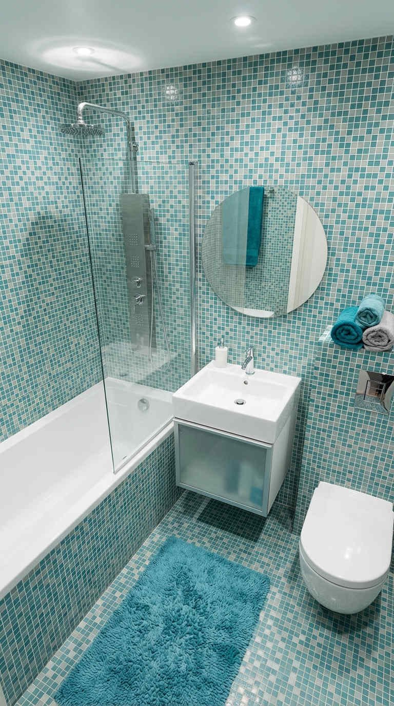 mosaique bleu canard aqua baignoire