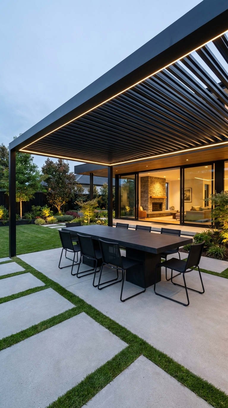 pergola noire dalles beton gazon