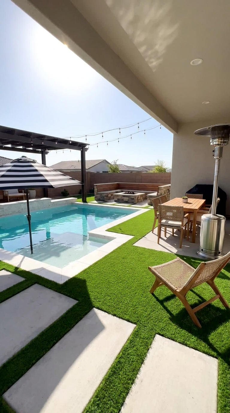 petit patio piscine pergola gazon