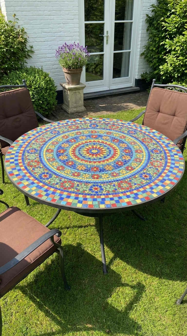 table mosaique mandala coloree chaises coussins