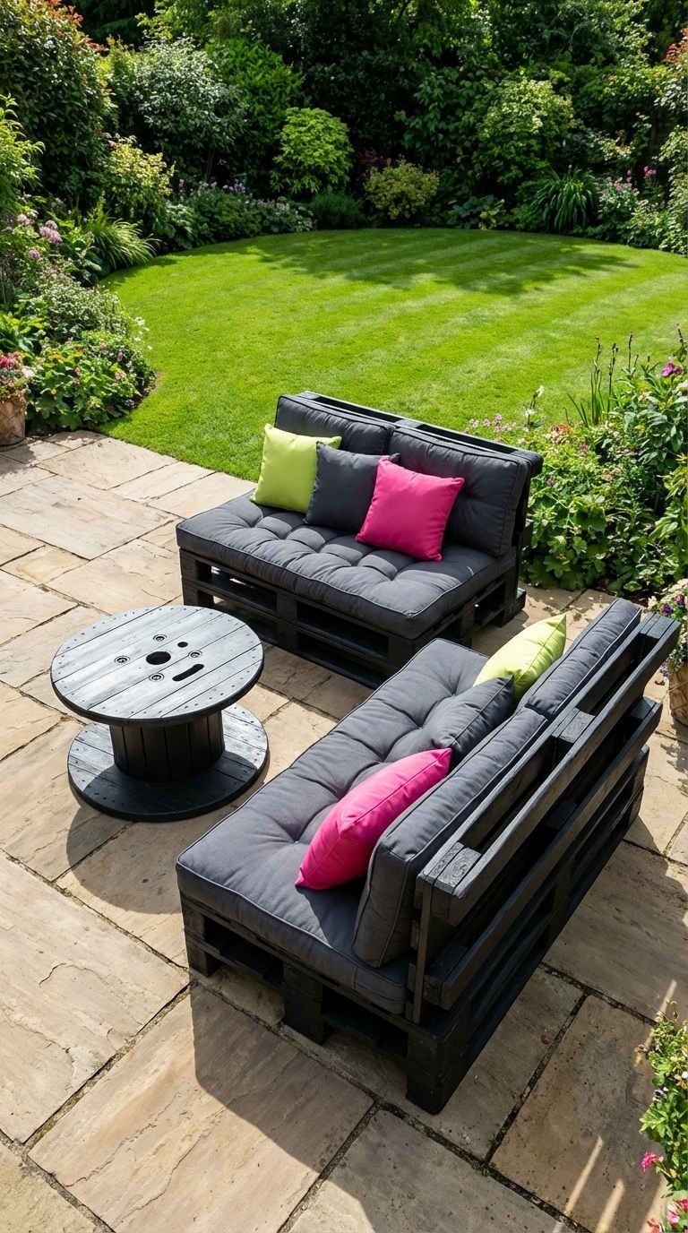 terrasse palette grise anthracite coussins fuchsia