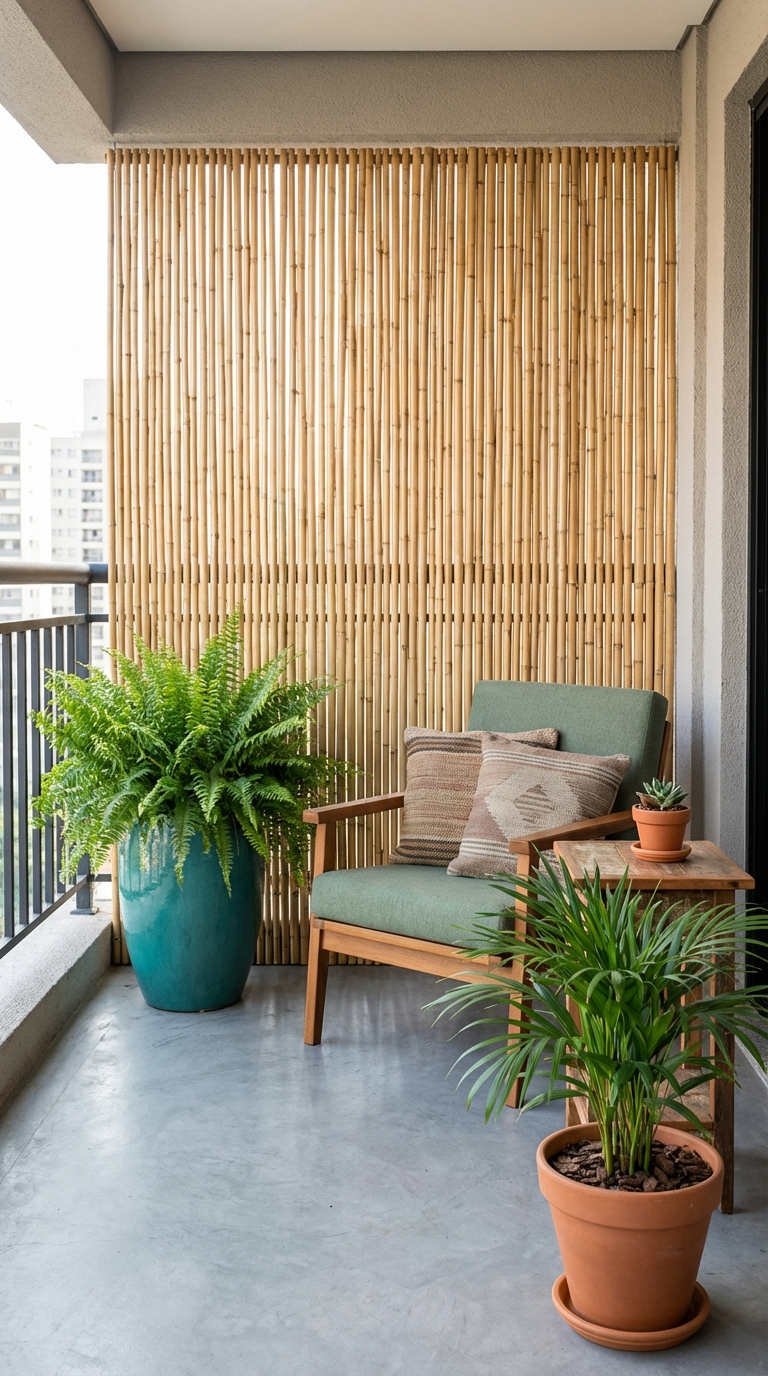 balcon bambou fauteuil sauge fougere beton