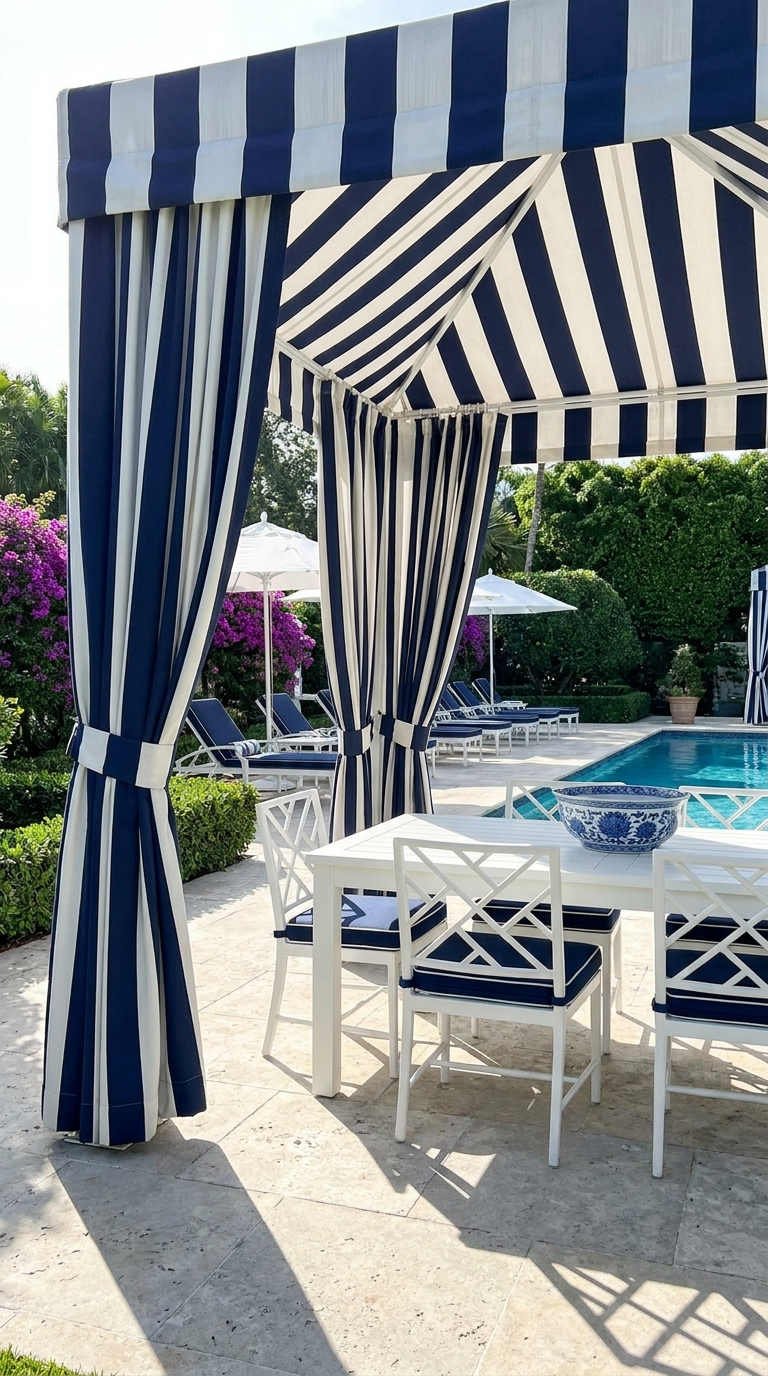 cabane rayee bleu blanc piscine