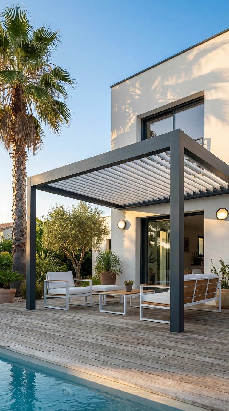 pergola bioclimatique transats blancs piscine