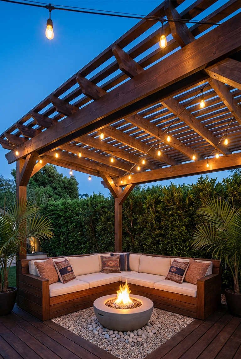 pergola sombre salon bois brasero
