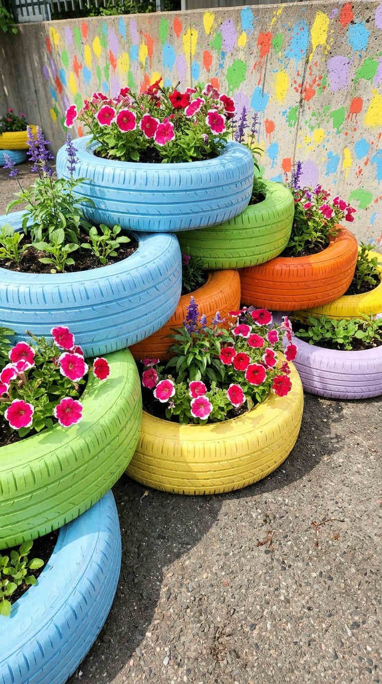 pneus colores jardinieres empilees